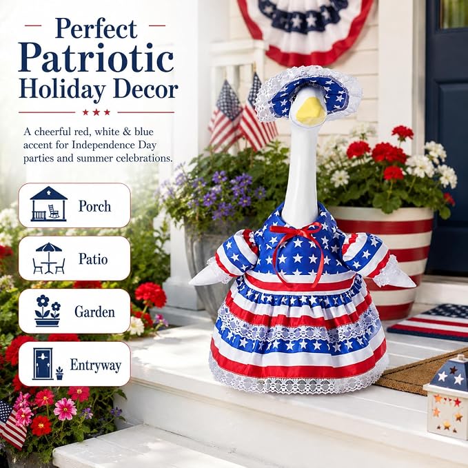 4th of July Porch Goose Outfit for 23 Inch Goose Statue, Patriotic Red White and Blue Porch Goose Dress with Lace Bonnet, Summer Sculpture Clothes for Independence Day Garden Patio Decor