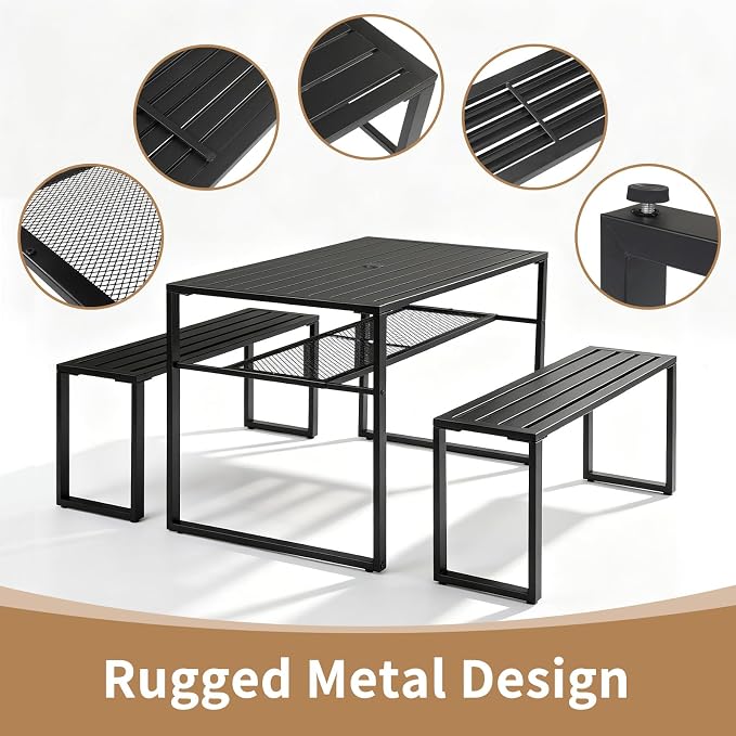 Outvita 49" Outdoor Matel Picnic Table and Bench Set with 2" Umbrella Hole and Storage Shelf, Patio Dining Set for 4 People, Outdoor Dining Table and Chair for Garden, Yard, Porch