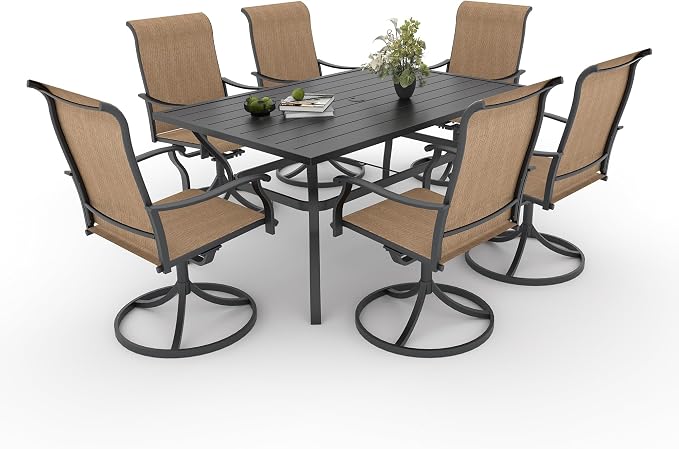 Anmutig 7 Pieces Outdoor Patio Dining Set 6 Swivel Patio Dining Chairs Textilene & 1 Rectangle Outdoor Dining Table for Backyard Bistro Garden Outdoor Furniture Set Brown