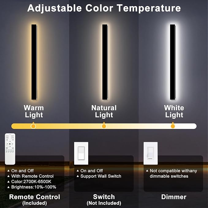 Modern Outdoor Wall Lights, 2 Pack 47 Inch Long Outdoor Wall Sconces | Dimmable LED Outdoor Lights Wall Mount Exterior Lighting Fixtures IP65 Waterproof Black Outside Wall Light for House Garage