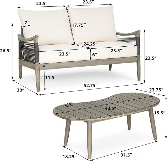 Merax 2-Piece Acacia Wood Patio Loveseat Set with Coffee Table | Grey Acacia Frame, Woven Rope Loveseat, Thick Beige Cushions, Arc Coffee Table For Porch, Garden, Backyard Or Balcony