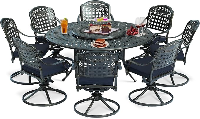 9-Piece Patio Cast Aluminum Dining Set, Outdoor Dining Furniture Set for 8 Person, Includes 8 Swivel Dining Chairs and 61" Round Dining Table w/ 31" Lazy Susan, Umbrella Hole, Navy Blue