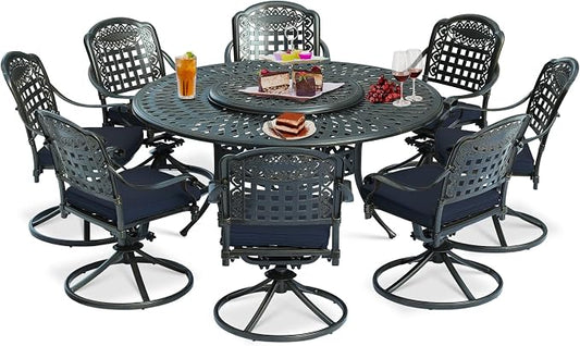 9-Piece Patio Cast Aluminum Dining Set, Outdoor Dining Furniture Set for 8 Person, Includes 8 Swivel Dining Chairs and 61" Round Dining Table w/ 31" Lazy Susan, Umbrella Hole, Navy Blue