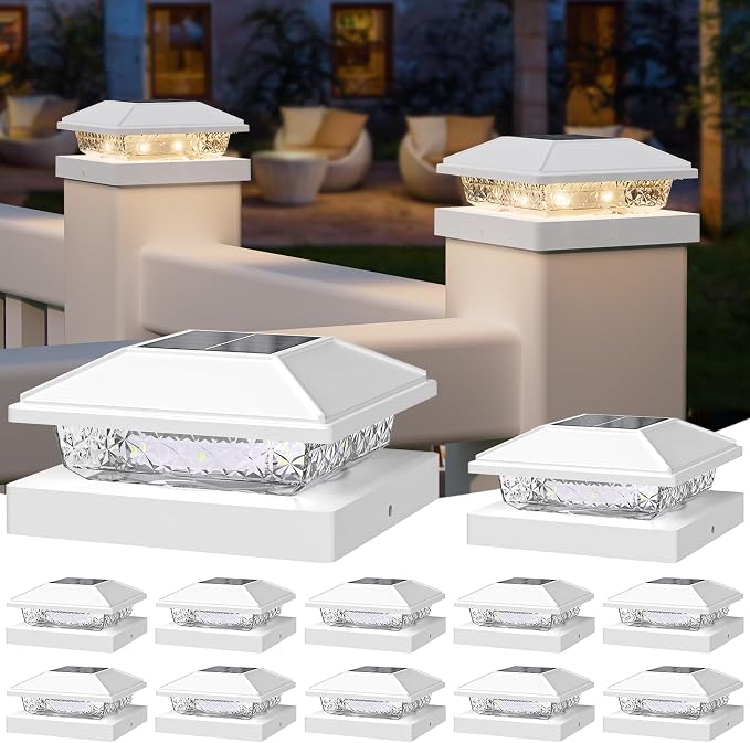 Solar Post Cap Lights,4x4 Post Solar Light,Warm White,12 Pack White | Fence Post Solar Lights for 4x4 Post Caps Wood Vinyl &5x5 Vinyl Post,IP64 Waterproof Solar Post Lights Outdoor for Deck