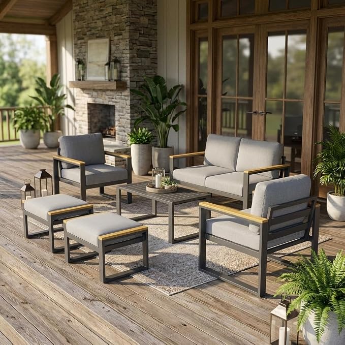 Aluminum Patio Furniture Set, 6 Seats Outdoor Patio Conversation Sets with Coffee Table, 6 Pieces Metal Conversation Sectional Furniture Sofa for Balcony, Garden, Deck, Backyard,Gray