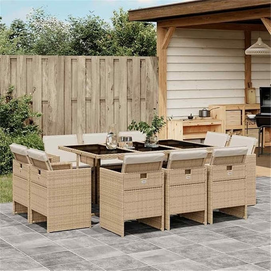 Afuera Living 10 Piece Patio Dining Set, Poly Rattan, Beige/Black Cushions, Matte Finish, Rectangular Table with Glass Top, Powder-Coated Steel Frame, Modern Outdoor Furniture for Garden or Terrace