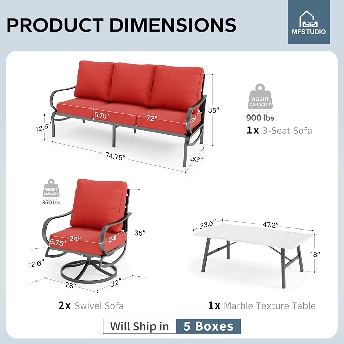 MFSTUDIO 4 Pieces Patio Conversation Sets(5 Seat), Outdoor Metal Furniture Sofa Set with 1 Loveseat(3 Seat), 2 Swivel Chairs, 1 Coffee Table, Steel Frame Patio Set with Burgundy Red Cushion for Patio