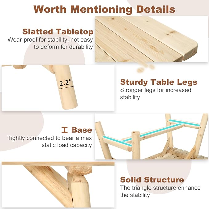 HOMEDIARY Wooden Adirondack Log Side Table, Cedar Wood Outdoor Rectangular End Table w/Slatted Tabletop, Oversize 41.5” Indoor Outdoor Patio Side Coffee Table for Garden Patio Backyard Porch, Natural