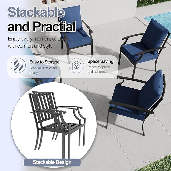 7 Piece Outdoor Dining Set for 6, Metal Patio Table and Chairs with Cushions, Patio Furniture Set with 2 Swivel Chairs, Rectangular Metal Dining Table with Umbrella Hole, Lawn Deck Yard-Navy