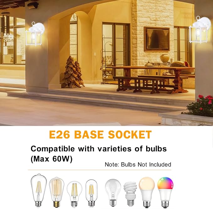 Outdoor Wall Light, Porch Lamp, Rustproof Waterproof, White | Exterior Wall Sconce Fixture for House, Garage, Patio, Metal Housing with Glass, E26 Base, 2 Pack