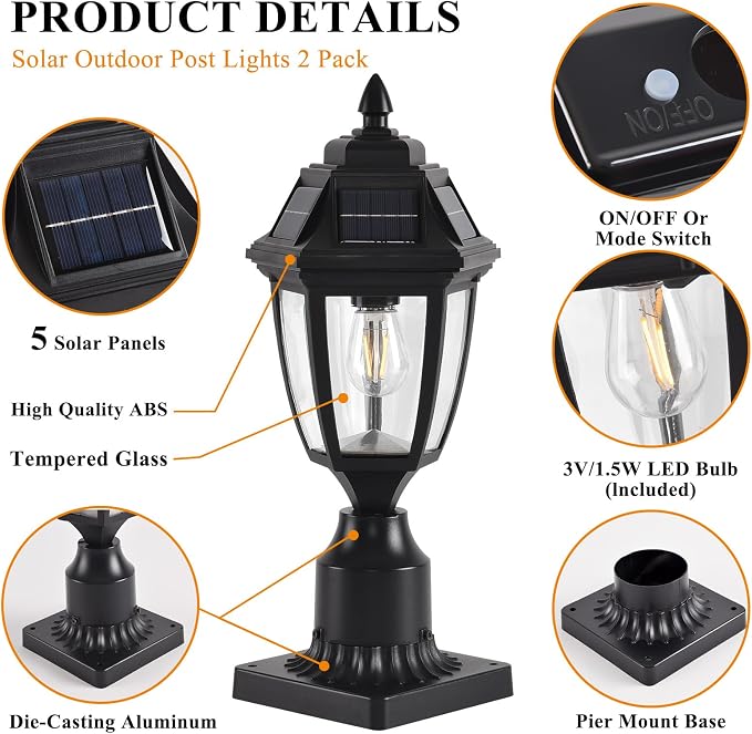 Solar Outdoor Post Lights 2 Pack, Dusk to Dawn Column light with Base | Dusk to Dawn Outdoor Post Light Fixtures, Black Exterior Solar powered Pole Light for Outside Porch Yard Pathway Driveway