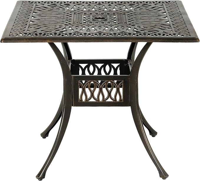 35.4in Square Cast Aluminum Patio Bistro Table, Outdoor Dining Table with 2" Umbrella Hole, Weather-Resistant Table for Porch, Backyard, Garden, Balcony, Bronze (35.4" Square Table)