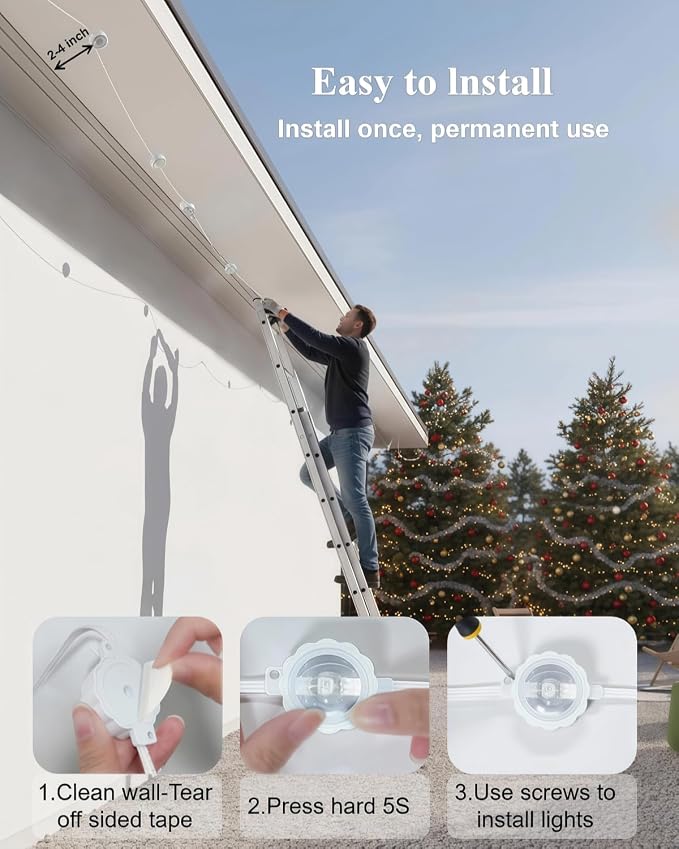 Permanent Warm White Outdoor Lights - 54FT 36 LED Christmas String Lights for Eaves & In-Ground, 8 Modes via Built-in Button, IP67 Waterproof, Yard, Patio Lights