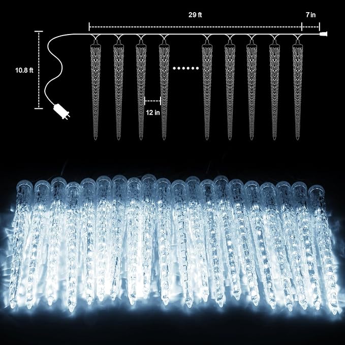 Brightown Christmas Meteor Shower Icicle Lights Outdoor, 30ft with 30 Tube 720 LED Dropping Effect, Waterproof Decorations for House Eave Roofline, Warm White
