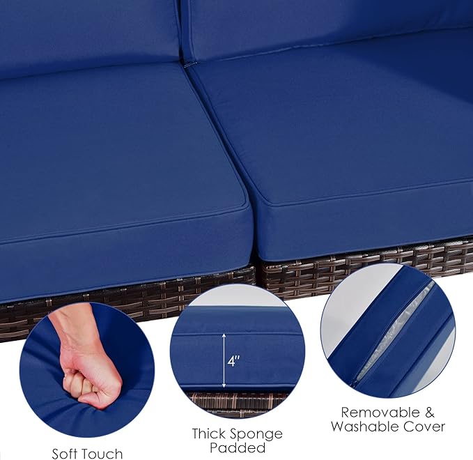 DORTALA 6 Pieces Patio Furniture Set, Outdoor Wicker Conversation Set with Glass Coffee Table, Wicker Sofa Set with Back & Seat Cushions, Rattan Sectional Conversation Couch Set, Navy