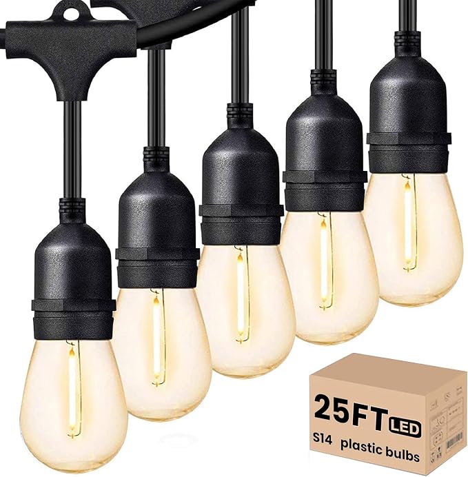 Svater Outdoor String Lights LED 25 FT S14 LED Edison Vintage Waterproof | Commercial Grade Patio Light Outside with Shatterproof E26 Bulbs, ETL Weatherproof Hanging Strand for Bistro Cafe Backyard