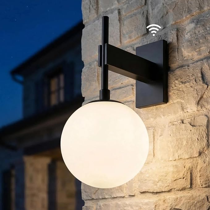 Hyunbae 18.1" Dusk to Dawn Outdoor Wall Sconce, Black Modern Exterior Light | White Globe Glass Shade, E26 Front Porch Light, Photocell Sensor, Garage Patio Entryway Use, IP65 Wall Mount Waterproof