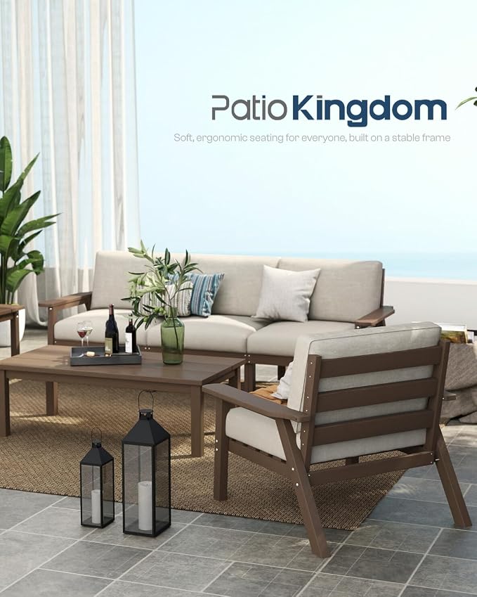 7 Piece Patio Furniture Set, HDPE Outdoor Sectional with Beige Washable Thick Cushions, Coffee Table, Patio Conversation Sets for Lawn, Garden, Porch, Balcony (Brown Frame)