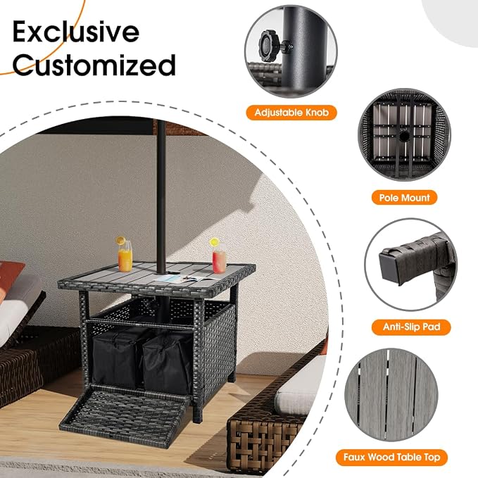 Sundale Outdoor Umbrella Stand with 2 Weight Bags, Patio 22 in Wicker Side Table with Umbrella Hole, All Weather Small Rattan Umbrella Base for Deck Yard Poolside Porch, Charcoal Gray