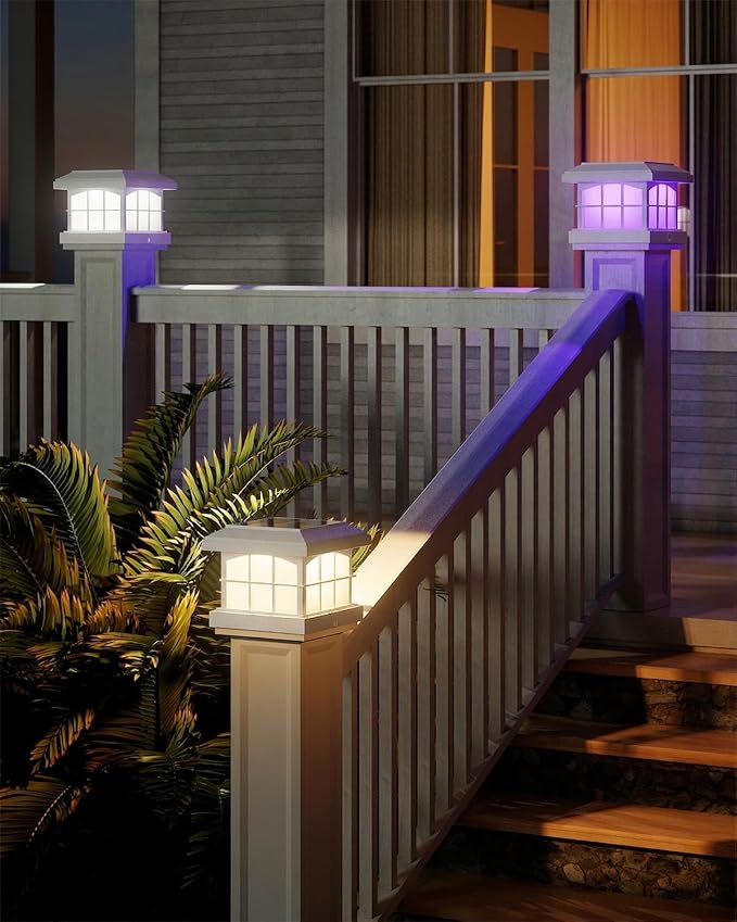 RGBCW Solar Post Cap Lights 12-Pack, 9 Colors 3 Modes Fence Cap Lights, Bright Solar Outdoor Waterproof LED Deck Lighting for Fence Garden Deck Patio Porch Decor 4x4 Vinyl/Wood, White