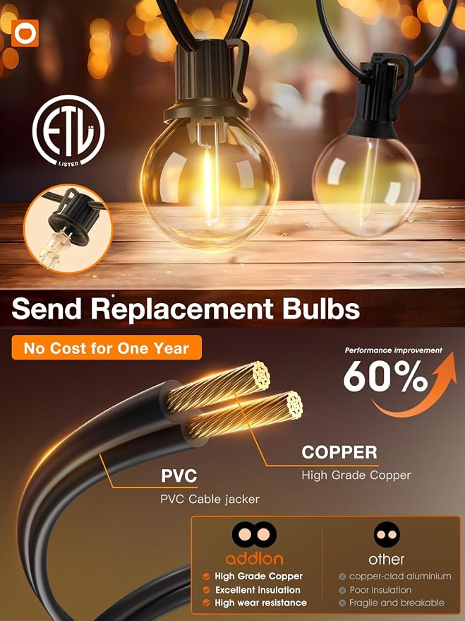 addlon 100FT Outdoor String Lights 54 G40 LED Bulbs Dimmable Waterproof | Shatterproof Globe Bulbs Dimmable, Hanging Patio Lighting for Outside Backyard Garden Deck Balcony Porch Cafe Bistro Pergola