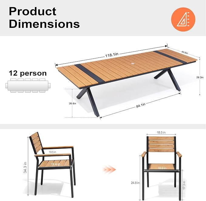 Pellebant 13 Piece Patio Table and Chairs Set for 12, Aluminum Outdoor Dining Set with Umbrella Hole, Stackable Dining Chairs & 118" Dining Table, Brown