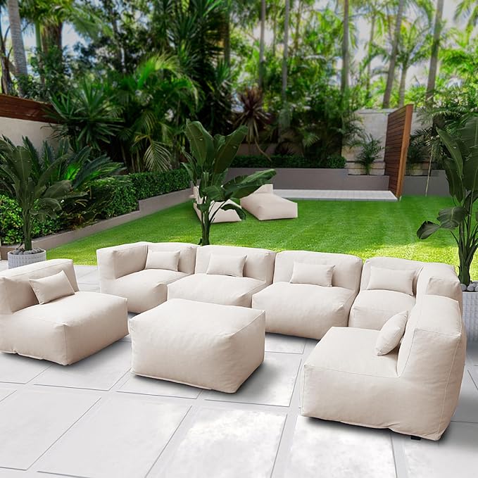 Dineli ANNYH CALALUNA 7Pc Patio Garden Furniture Sectional Conversation Set.Combines 4Middle, 2Corner, 1Ottoman/Coffee Outdoor Exp Foam Filled Chairs. A Unique Modular Contemporary Sofa (Light Beige)