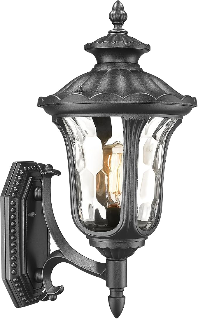 Outdoor Light Fixtures Wall Mount, Waterproof Exterior Wall Lanterns with Waer Ripple Glass, Outside Sconces, Front Porch Lights for House Garage Doorway Patio, 22'' Large Black