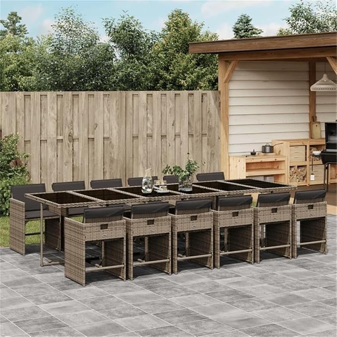 Afuera Living 13-Piece Poly Rattan Patio Dining Set, Dark Gray Finish, 41.7 x 129.9 x 28.7 in, Weather-Resistant UV Materials, Powder-Coated Steel Frame, Compact Storage for Garden or Terrace Outdoor