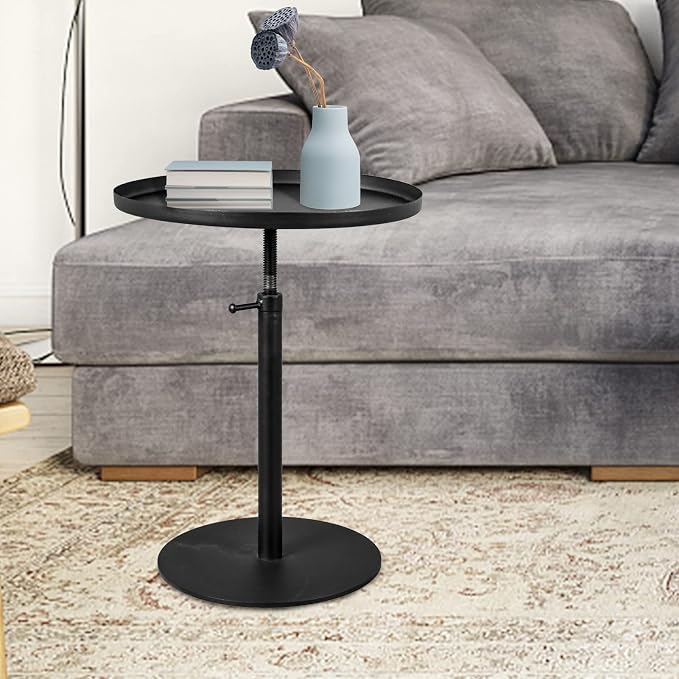 LOKKHAN Adjustable Tray Metal Sofa End Table/Side Table/Night Stand/Bedside Table/Snack Table/Accent Coffee Table, Patio Garden Backyard Table, Indoor-Outdoor, Heavy Duty Premium Steel, Round Top