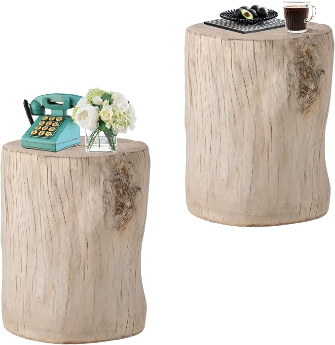 HOMPUS Concrete Outdoor Side TableSet of 2, 2 Piece Tree Stump Modern Round Coffee Table Accent Table Set Plant Stand Faux Wood End Table Garden Stool for Patio,Home Decor, Living Room, White Oak