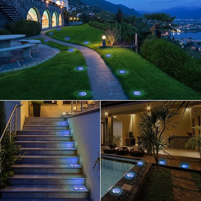 LYHOPE Solar Ground Lights Outdoor, 8 Pack 8 LED Solar Disk Lights Waterproof Garden In-ground Pathway Light Landscape Lighting for Lawn,Yard,Deck,Patio,Walkway (Blue)