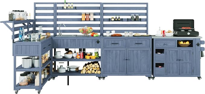 RUNNA 4-Piece Outdoor Rolling Kitchen Island with Sink w/Faucet, Solid Wood Grill Table with Storage Cabinets, Drawers, Stainless Table Top and Movable Shelves for Garden (Gray#38)