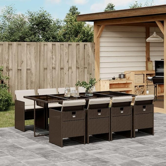 9 Piece Patio Dining Set with Cushions Brown Poly Rattan Outdoor Table and 8 Folding Chairs for Garden Backyard Porch Tempered Glass Top UV Proof