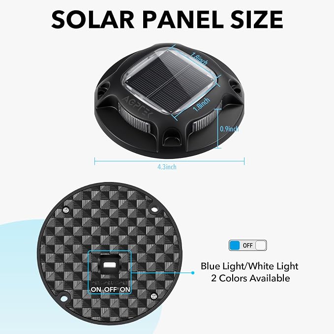 AGPTEK Solar Driveway Light Outdoor 1 Pack, 2 Color Modes LED Deck Dock | Marine Waterproof Driveway Marker Lights for Step Sidewalk Stair Garden Pathway Walkway Yard (Blue Light/Cool White, Black)