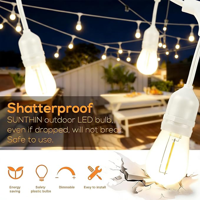 SUNTHIN 50FT Outdoor White String Light with 16 1W LED Shatterproof Filament Bulb for Patio Lights, Backyard, Porch, Party Lights