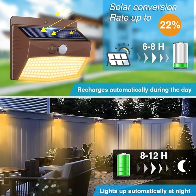 12 Packs Solar Outdoor Lights Motion Sensor Solar Security Light Waterproof with 3 Lighting Modes Solar Powered Wall Lights Outside for Garden Fence Yard, Brown Warm