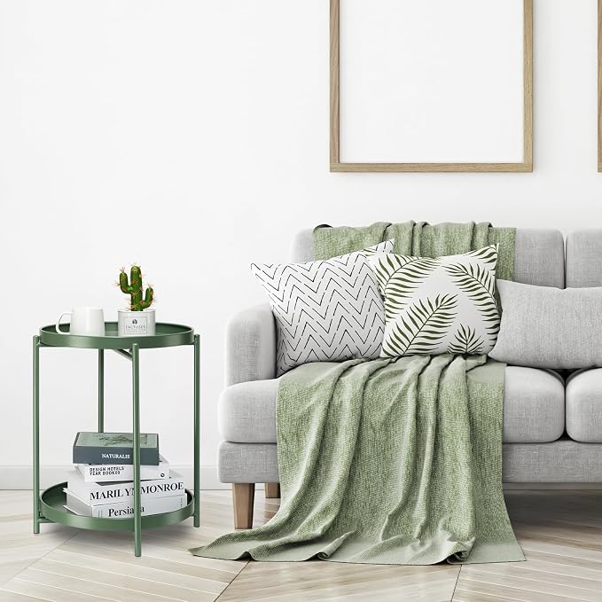 danpinera 2 Tier Metal Side Table with Removable Tray, End Table Outdoor Small Accent Table, Anti-Rust Green Nightstand for Bedroom Balcony Patio (Dark Green)
