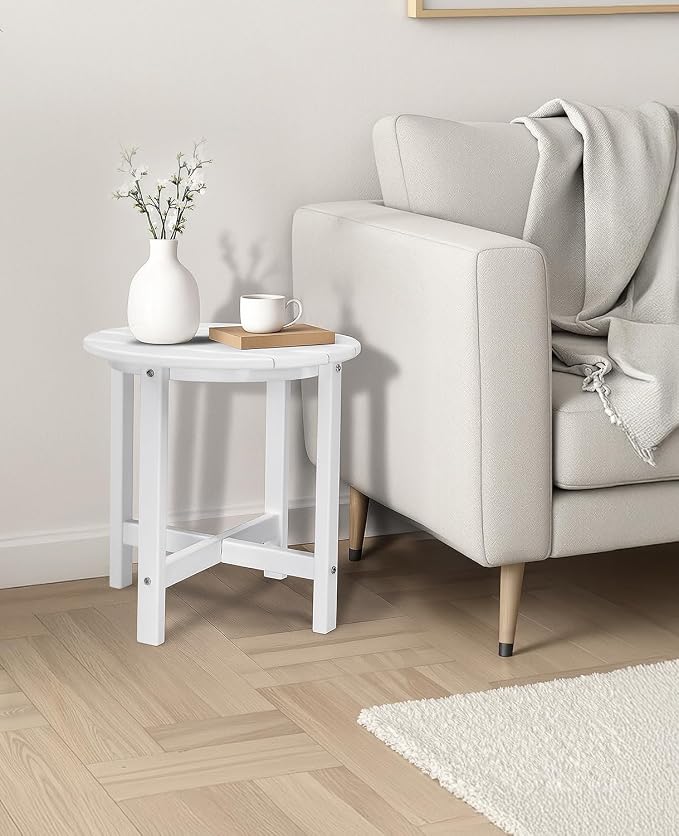 Outvita Adirondack Side Table, 18 Inch Round Outdoor End Table, HDPE Weather Resistant Coffee Table for Patio Balcony Deck Garden, White