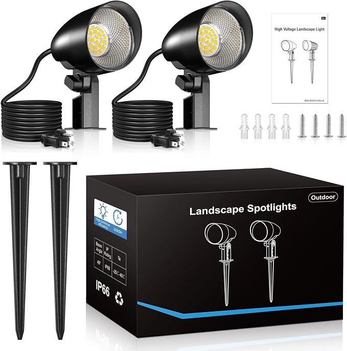 20W Outdoor Spotlight,IP66 Landscape Lighting for Yard, 2 Pack | 1880LM high brightness, CRI>80, 85% energy saving, 3-prong cord,plug and play,Ideal for yards, pathways, gardens, and patios
