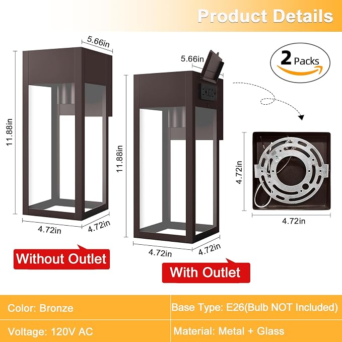 2 Pack Porch Lights Outdoor Wall Sconce, Outdoor Light with GFCI Outlet, Waterproof Exterior Wall Lantern Light Fixtures, Anti-Rust Wall Lamp for Patio Doorway Garage- Oil Rubbed Bronze