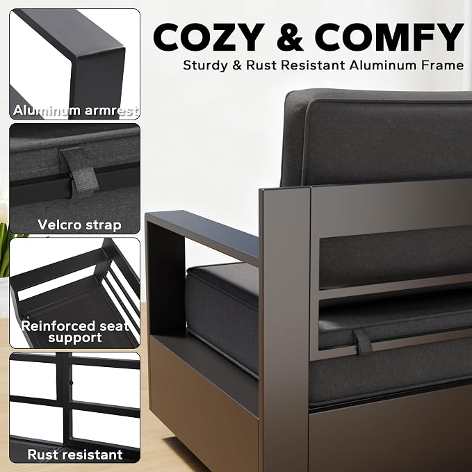 Aluminum Patio 79" Sofa Set with 2 Armchairs, All Weather Outdoor Conversation Furniture Set with Metal Armrest & 6" Water-Resistant Cushions & Furniture Covers for Deck Porch (Grey)