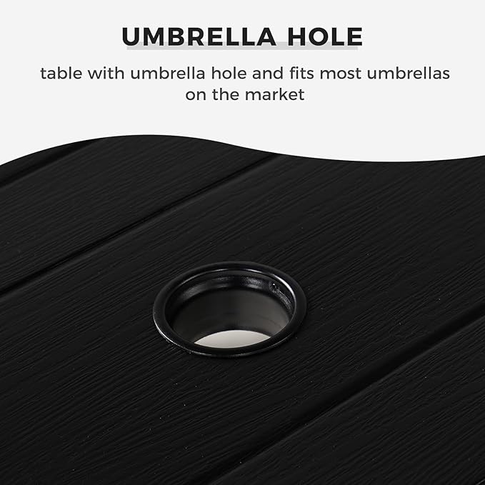 Grand patio 71.5" x 39" Outdoor Dining Table, Rectangular Patio Table, Embossed Woodgrain with 1.5" Market Umbrella Hole for Garden, Lawn, Backyard (Black)