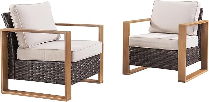 Rilyson Wicker Outdoor Patio Chairs Set of 2, Rattan Patio Furniture Chairs with Sturdy Frame,All-Weather PE Wicker,Wide Armrest,Deep Seating and Thick Cushions for Deck Porch Garden(Brown/Beige)