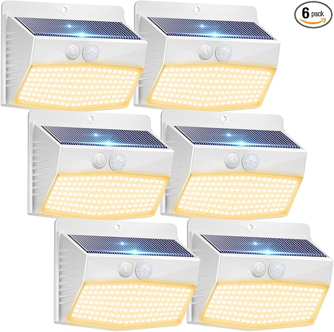 6 Packs Solar Outdoor Lights Motion Sensor, Solar Security Lights Waterproof with 3 Lighting Modes Solar Powered Wall Lights Outside for Garden Fence Yard Deck, Warm White
