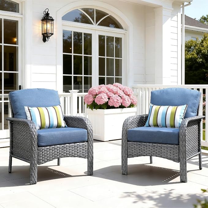 Wicker Patio Chairs Set of 2, Porch Furniture Set Two Single Chair, All-Weather High Back Outdoor Rattan Chairs of 2 for Small Space Porch, Backyard, Balcony, Denim Blue