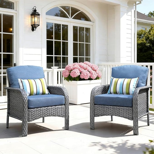 Wicker Patio Chairs Set of 2, Porch Furniture Set Two Single Chair, All-Weather High Back Outdoor Rattan Chairs of 2 for Small Space Porch, Backyard, Balcony, Denim Blue