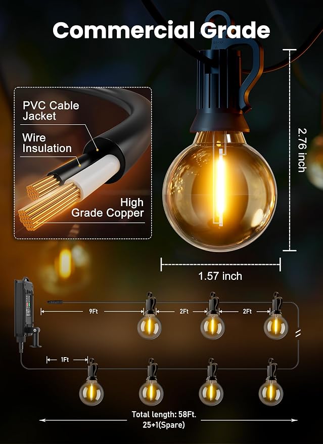Brightown 58FT 26LED Solar String Lights Outdoor with Remote & USB Port | Shatterproof Bulbs, Dimmable & Timable, 3 Modes, Solar Patio Lights with a Mount Clip for Camping Backyard Garden Decor