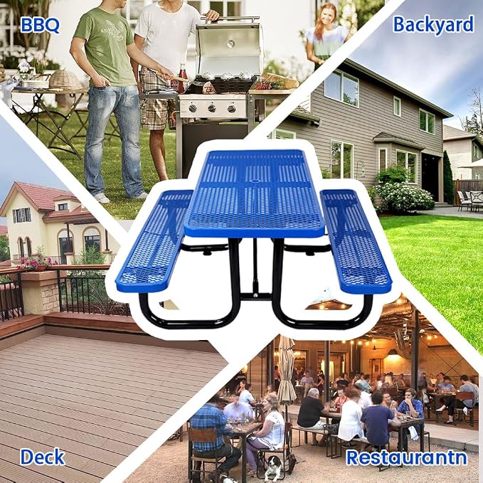 72" Rectangular Metal Picnic Table for 4-8 Person, Durable Heavy Duty Commercial Picnic Table with Umbrella Hole for Outdoor Coffee Shop, School, Hospital, Easy to Install, Blue
