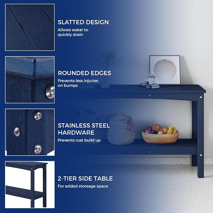 Costaelm Adirondack Outdoor Side Table, 55” HDPE Small Outside Table with Storage Shelf, Weather Resistant Plant Shelf, Outdoor Coffee Table and Buffet Table for Pool & Yard, Navy Blue